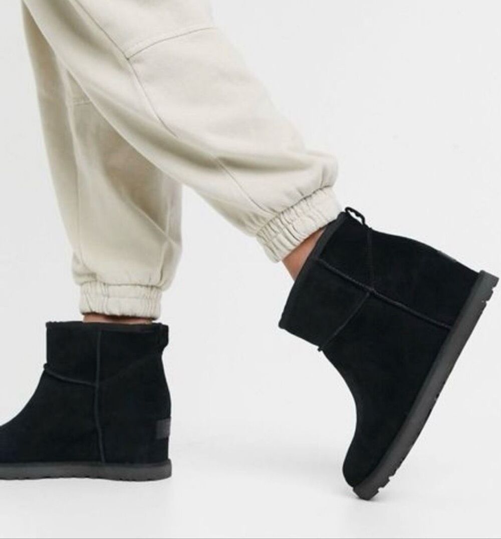 Ugg Femme Mini Wedge Suede Sherpa Bootie Black Size 9